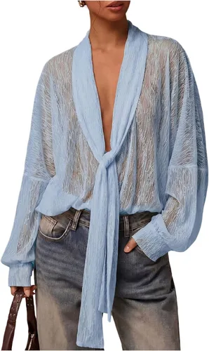 Vista 11 de SOLY HUX Blusa de encaje para mujer, manga larga, malla transparente con lazo frontal Marrón (pure brown)