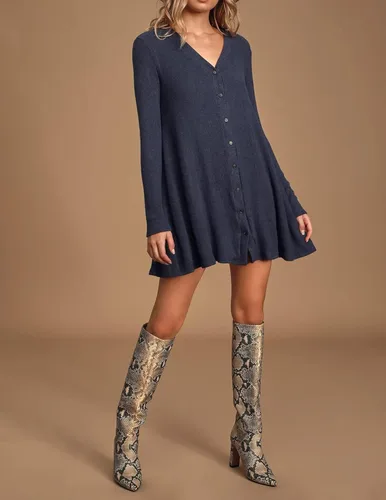 Vista 3 de RVivimos Vestido de suéter para mujer manga larga cuello en V casual con botones para otoño e invierno