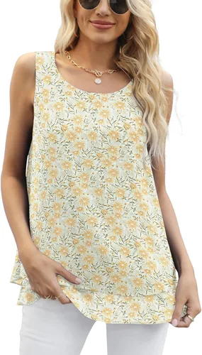 Vista 2 de Timeson - Camiseta de gasa sin mangas, blusa casual de doble capa para mujer