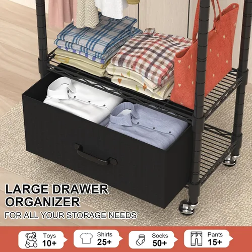 Vista 6 de VyGrow Perchero de Ropa, Perchero de Ropa para Colgar Ropa, Sistema Organizador de Closet Ajustable de 3 Niveles con Cajón Barra para Colgar