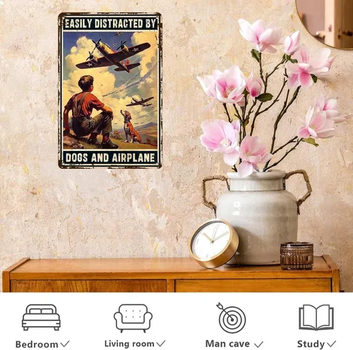 Vista 6 de Cartel de avión, póster de metal vintage para habitación de niño, fácil de distraer con perros y aviones, entusiastas militares, arte de pared