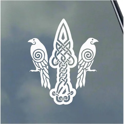 Vista 10 de Huginn y Muninn con Gungnir - Vinilo adhesivo nórdico Asatru Odin Thor Raven Negro