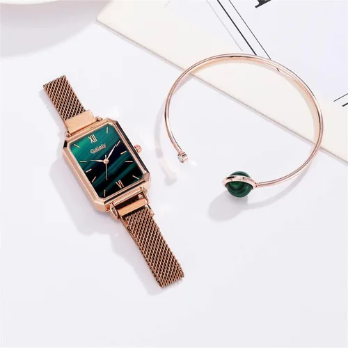 Vista 3 de CdyBox Reloj de pulsera para mujer, correa de malla de aleación, pequeño, verde, conjunto de pulsera de cuarzo con cabeza cuadrada