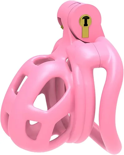 Vista 11 de Jaula de castidad rosa masculina 3.0, dispositivo de castidad masculina con 4 anillos para el pene, jaula ligera de resina para hombre para pene