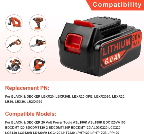 Vista 6 de Labtec LBX4020 - Paquetes de baterías de 20 V 6000 mAh compatibles con Black&Decker 20V LBXR20 LBXR20B LBXR20-OPE LBXR2020 LBXR20 LBXR20 LBX20