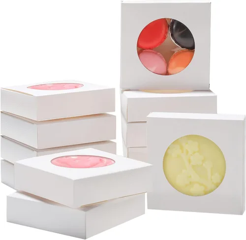 Vista 9 de 60 cajas de galletas de Navidad de 4.3 x 4.3 x 1.2 pulgadas, cajas de panadería de Navidad con ventana redonda transparente para panadería