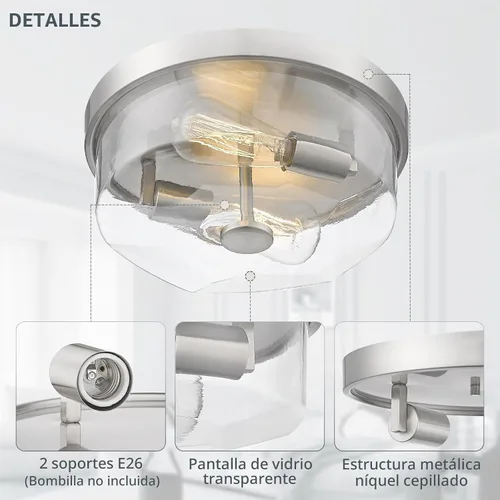 Vista 4 de Lámpara de Techo Empotrada de Níquel Cepillado, Luminarias de Pasillo de 2 Luces, Lámpara de Techo de Estilo Granja Moderna de Vidrio Transparente
