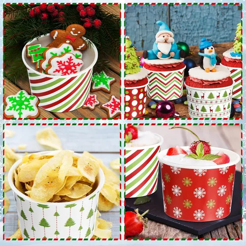 Vista 5 de Sliner 60 piezas de cuencos desechables de postre de Navidad de 9 onzas, tazas de golosinas y aperitivos de Navidad de copos de nieve navideños