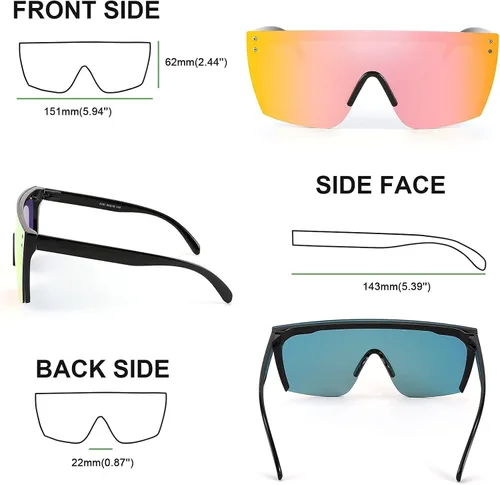 Vista 6 de FEISEDY Gafas de sol sin montura de gran tamaño con espejo para mujeres y hombres, con parte superior plana, escudo cuadrado UV400 B2761, 70mm