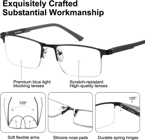 Vista 3 de EYECEDAR Paquete de 5 lentes de lectura con bloqueo de luz azul de alta calidad para hombre, medio marco de metal, bisagras de resorte, lectores