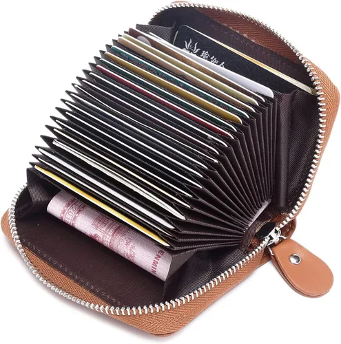Vista 9 de Tarjetero de tarjetas de crédito con cremallera para mujer bloqueo RFID fundas para tarjetas de visita para mujer marrón