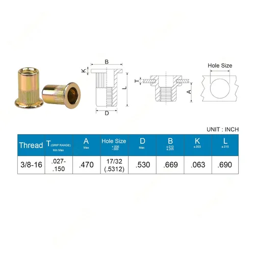 Vista 3 de Tuercas de remache de 3/8 "-16 tuercas remachables de acero al carbono roscadas para metal 3/8-16UNC tuercas cuerpo moleteado de cabeza plana, 50
