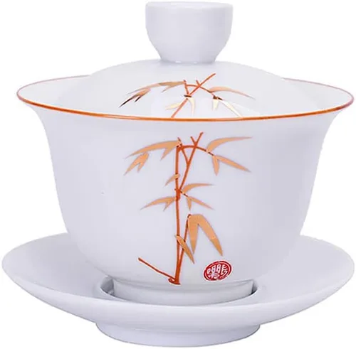 Vista 10 de Liang baobao Gaiwan - Taza de té de porcelana de 8 onzas, color blanco esmaltado con borde dorado, sopera china de gongfu, taza de té de gongfu
