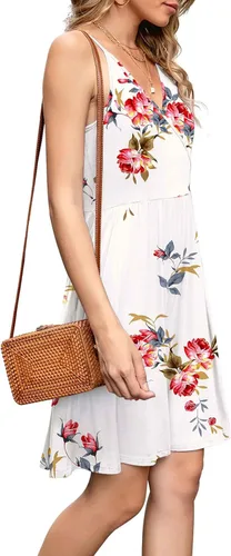 Vista 3 de Weaczzy Vestido veraniego informal con tirantes delgados, para mujer, con vuelo, estampado floral, bolsillos, informal, cuello en V