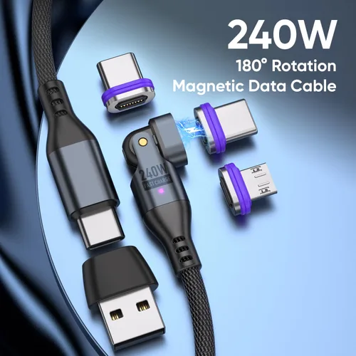 Vista 2 de Cable de carga magnético de 240 W, cable de datos magnético USBC a USB C giratorio de 180°, cable de carga rápida para teléfono micro USB