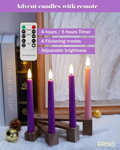 Vista 3 de FPOO Velas de Adviento sin llama con portavelas de madera, velas de Adviento que funcionan con baterías, 3 candeleros LED morados y 1 rosa