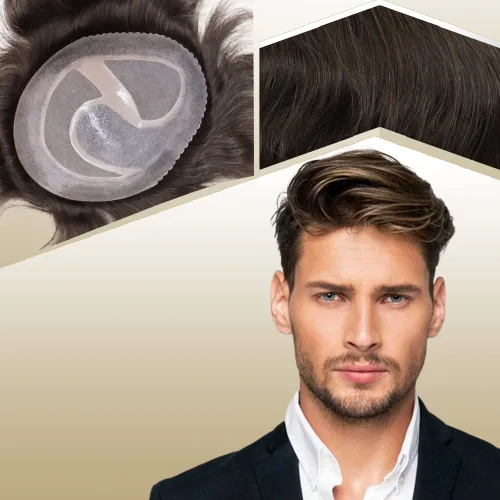 Vista 8 de Toupee para hombres sistemas de reemplazo de cabello humano real europeo para hombres, postizos finos, centro de encaje, piel más gruesa, pieza