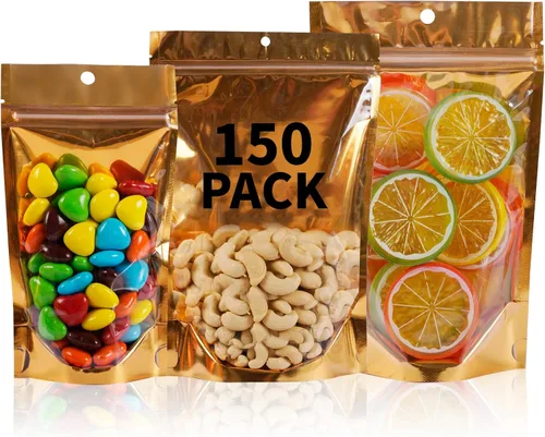 Vista 13 de Paquete de 100 bolsas de Mylar para almacenamiento de alimentos, papel de aluminio resellable, bolsa transparente de pie con ventana frontal de 3.94