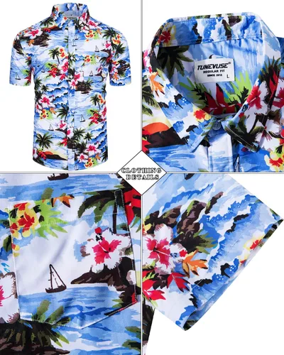 Vista 28 de TUNEVUSE Conjunto de camisas y pantalones cortos hawaianos para hombre, 2 piezas, trajes de playa con estampado de flores, traje tropical de verano