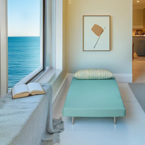 Vista 6 de Cortesi Home Savion Futón convertible con silla decorativa, color azul aguamarina