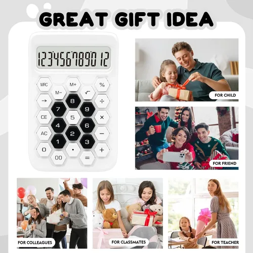 Vista 7 de Calculadora de oficina básica con pantalla LCD grande de 12 dígitos estándar blanca con botón hexagonal, suministros de oficina blancos y accesorios