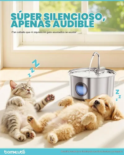 Vista 2 de Tomxcute Fuente de agua para gatos de acero inoxidable, 3.2L/108oz, bomba Plateado