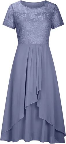 Vista 4 de Vestido de verano para mujer, elegante, acampanado, de gasa, largo por debajo de la rodilla, vestido de dama de honor, media manga, ajustado