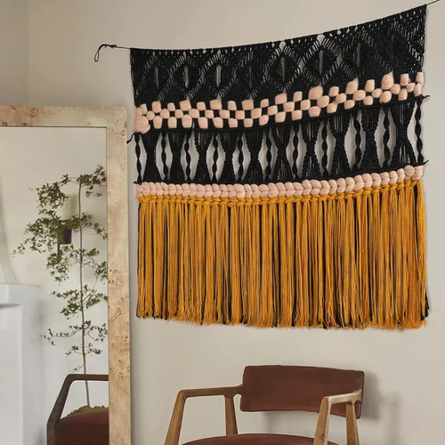 Vista 2 de IOWER Macramé para colgar en la pared, decoración de pared de macramé tejido negro, decoración de pared bohemia hecha a mano, decoración