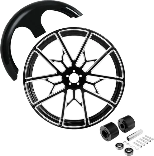 Vista 115 de TCMT Llanta de rueda delantera de 21", buje de rueda de brida de doble disco con guardabarros delantero negro sin pintar, compatible con modelos