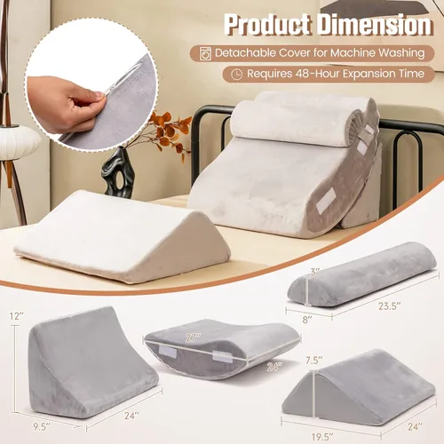 Vista 8 de Giantex Juego de 4 almohadas ortopédicas de cuña para cama, almohadas de espuma viscoelástica poscirugía para dormir, almohada ajustable