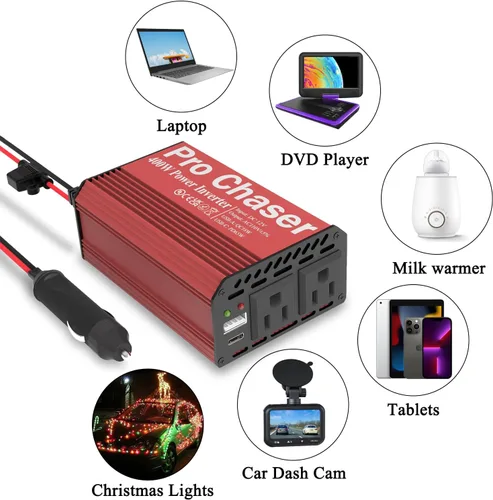 Vista 6 de Pro Chaser - Inversor de corriente para vehículo de 400 W - Convertidor de 12 V CC a 110 V CA para coche, con dos salidas de CA, puertos USB-A QC