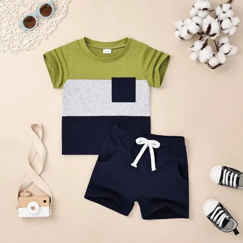 Vista 2 de DOMOABEI Ropa para bebé niño pequeño, trajes de verano de manga corta, camiseta de retazos, pantalón con bolsillo, conjunto de ropa para niños de 12