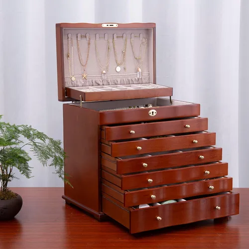 Vista 6 de Joyero de madera, joyeros para mujer, caja grande para joyas y organizadores con colgador de collares, organizador de joyas, organizador de joyas