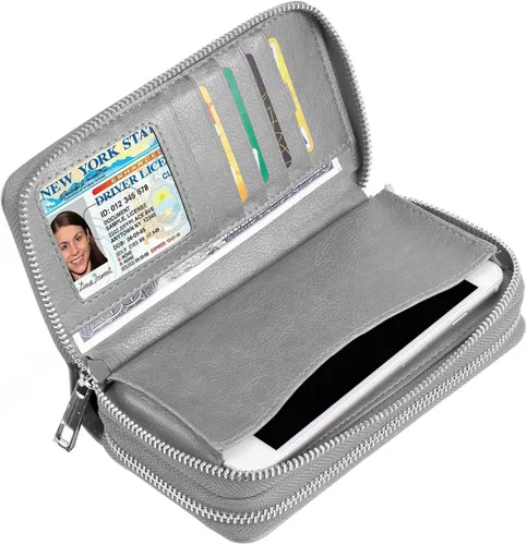 Vista 5 de Cartera de doble cierre para mujer, con correa de mano, para tarjetas, dinero en efectivo, monedas, celular