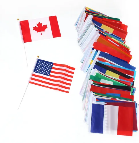 Vista 6 de Bandera de 200 países, banderas deportivas de palillo de país, parte superior redonda de mano pequeña en palo, bandera de países del mundo en cada