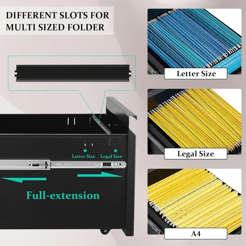 Vista 5 de Archivadores móviles de 3 cajones de metal con ruedas para archivos legales y de cartas, diseño anti-inclinación con cerradura debajo
