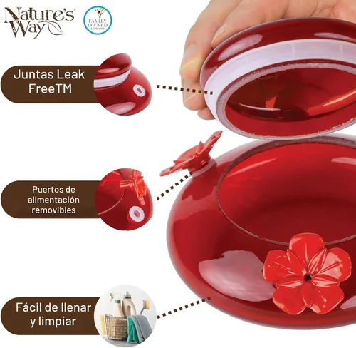 Vista 3 de Nature's Way Bird Products MHF4 Comedero para colibríes soplado a mano con tapa de jardín, capacidad de 16 oz, rojo