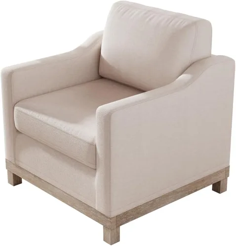 Vista 6 de Sillón moderno de lino/silla de acento/sofá individual con base de madera de goma para sala de estar, dormitorio, apartamento, oficina, color beige