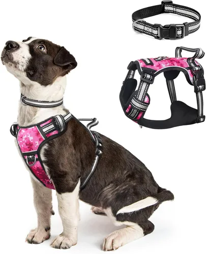 Vista 35 de Arnés para perro sin tirones, arneses para mascotas con collar, chaleco Oxford reflectante y ajustable, hebillas delanteras y traseras para correa