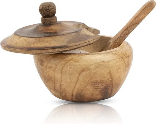 Vista 7 de Azucarero decorativo de madera rústica y cuchara con tapa de boca ancha para dulces y especias para condimentos, frutos secos, recipiente