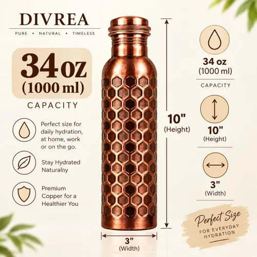 Vista 3 de Botella de agua de cobre 100% puro para beber, 34 onzas de boca