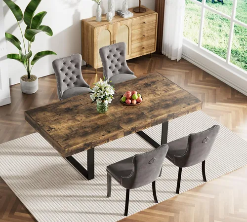 Vista 37 de Juego de mesa de comedor extensible marrón de 63 a 78.74 pulgadas para 4, juego de mesa de comedor de 5 piezas con 4 sillas tapizadas, mesa