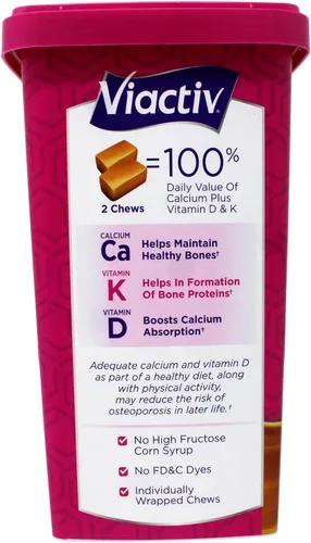 Vista 2 de Viactiv Max Formula Suplemento de calcio + vitamina D3 para la salud ósea, caramelo rico, 100 masticables suaves, paquete de 2