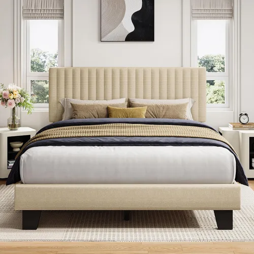 Vista 9 de iPormis Base de cama tamaño twin, cama de plataforma tapizada con cabecera de lino vertical, patas de cama anchas y soporte de listones de madera