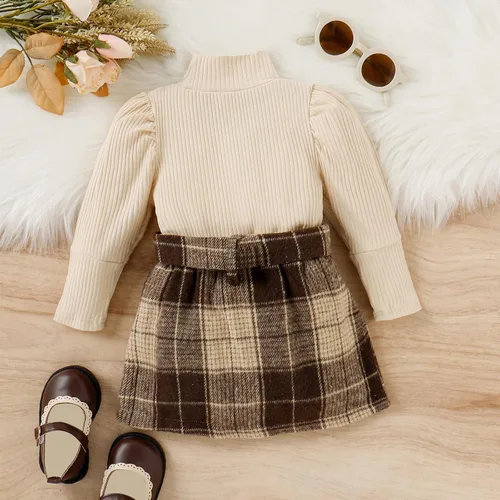 Vista 3 de Fernvia Conjunto de falda de otoño e invierno para niña pequeña, camiseta de manga larga acanalada con cuello alto y falda a cuadros, vestido de 2