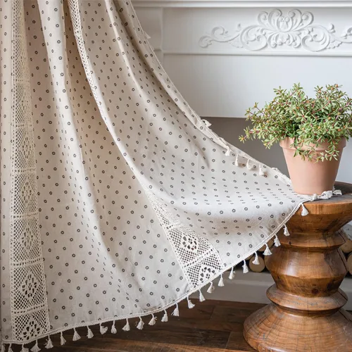 Vista 30 de Deeprove - Cortinas bohemias de 63 pulgadas de largo para dormitorio, rayas de lunares de punto hueco beige y patchwork de algodón y lino crema