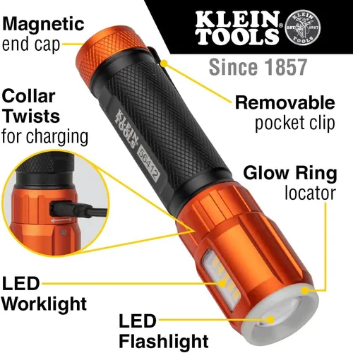 Vista 2 de Klein Tools Linterna LED recargable 56412 con luz de inundación, 500 lúmenes, USB-C recargable, clip de bolsillo, imán, para trabajo profesional