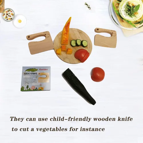 Vista 6 de Cuchillo de madera para niños, cuchillos seguros para niños, juguete de cocina, picador, cortador de verduras y frutas (para 2-8 años)