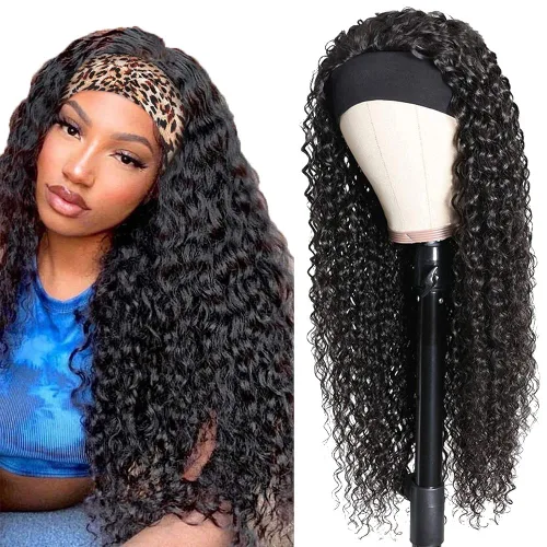 Vista 9 de Youngirl Peluca de cabello humano ondulado profundo con diadema de 12 pulgadas para mujeres negras, sin pegamento, sin encaje frontal, peluca