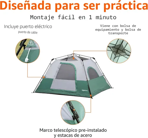 Vista 3 de Amazon Basics Tienda de campaña instantánea con lluvia, resistente a la intemperie, instalación rápida